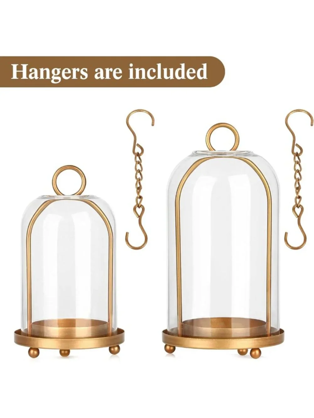 Set of 2 Vintage Brass Candle Lanterns with Thick Glass Dome - Home Decor Accent